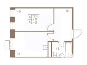 1-к квартира, строящийся дом, 42м2, 18/25 этаж
