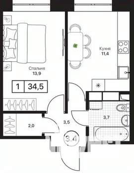 1-к квартира, вторичка, 35м2, 11/17 этаж