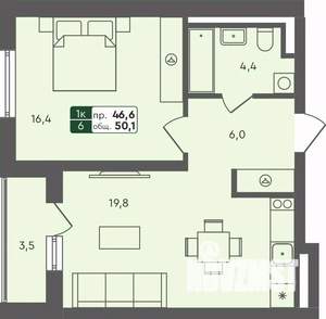 1-к квартира, строящийся дом, 50м2, 1/4 этаж