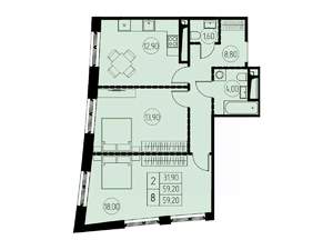 2-к квартира, строящийся дом, 59м2, 27/28 этаж
