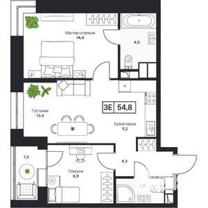2-к квартира, вторичка, 55м2, 9/17 этаж