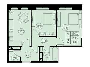 2-к квартира, строящийся дом, 54м2, 4/23 этаж