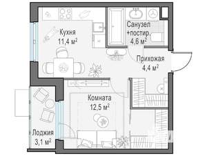 1-к квартира, строящийся дом, 34м2, 10/14 этаж
