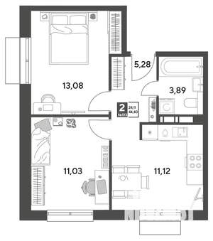 2-к квартира, строящийся дом, 44м2, 9/15 этаж