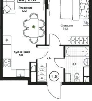 1-к квартира, вторичка, 38м2, 8/17 этаж