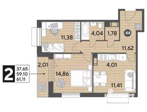 2-к квартира, строящийся дом, 61м2, 9/12 этаж