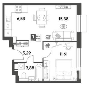 1-к квартира, строящийся дом, 43м2, 13/15 этаж