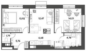 2-к квартира, строящийся дом, 62м2, 12/15 этаж