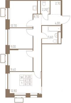 3-к квартира, строящийся дом, 67м2, 14/25 этаж
