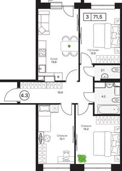 3-к квартира, вторичка, 72м2, 13/17 этаж