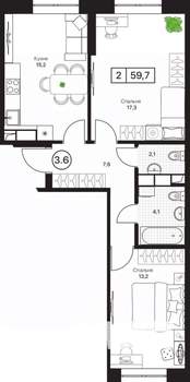 2-к квартира, вторичка, 60м2, 5/17 этаж