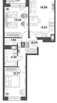 2-к квартира, строящийся дом, 62м2, 6/15 этаж