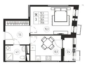 1-к квартира, вторичка, 38м2, 12/21 этаж