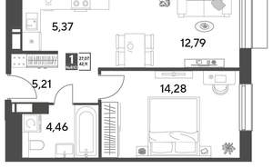 1-к квартира, строящийся дом, 42м2, 10/15 этаж