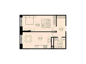 1-к квартира, строящийся дом, 45м2, 13/18 этаж