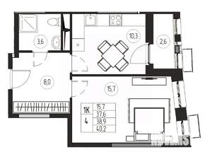 1-к квартира, вторичка, 39м2, 10/21 этаж