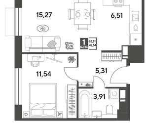 1-к квартира, строящийся дом, 43м2, 13/15 этаж