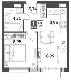 1-к квартира, строящийся дом, 32м2, 8/9 этаж