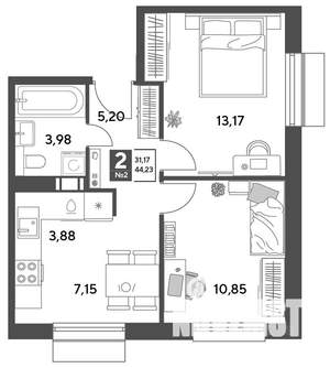 2-к квартира, строящийся дом, 44м2, 2/9 этаж