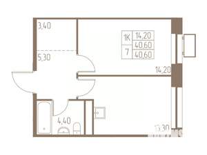 1-к квартира, строящийся дом, 41м2, 21/25 этаж