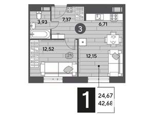 1-к квартира, строящийся дом, 43м2, 8/15 этаж