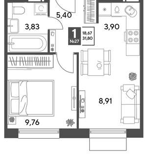 1-к квартира, строящийся дом, 32м2, 5/12 этаж