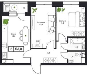 2-к квартира, вторичка, 53м2, 5/17 этаж