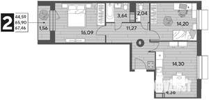 2-к квартира, строящийся дом, 67м2, 8/12 этаж