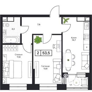 2-к квартира, вторичка, 54м2, 2/13 этаж