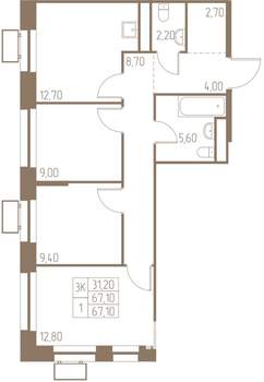 3-к квартира, строящийся дом, 67м2, 10/25 этаж