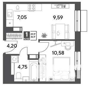 1-к квартира, строящийся дом, 36м2, 4/12 этаж