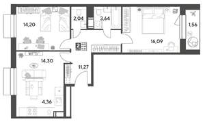 2-к квартира, строящийся дом, 67м2, 8/12 этаж