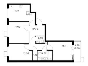 3-к квартира, строящийся дом, 74м2, 14/14 этаж