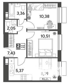 2-к квартира, строящийся дом, 48м2, 10/15 этаж