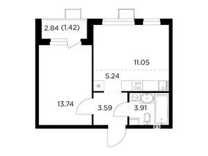 2-к квартира, строящийся дом, 39м2, 6/14 этаж