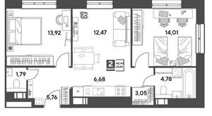 2-к квартира, строящийся дом, 62м2, 11/15 этаж