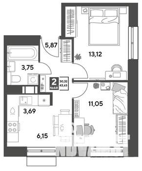 2-к квартира, строящийся дом, 44м2, 11/15 этаж