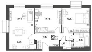 2-к квартира, строящийся дом, 64м2, 2/9 этаж