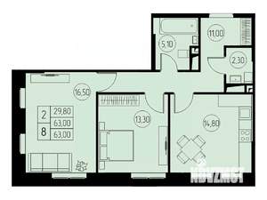 2-к квартира, строящийся дом, 63м2, 22/23 этаж