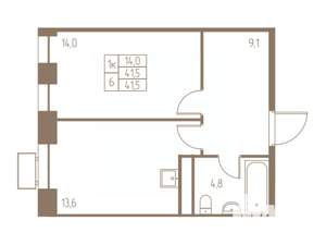 1-к квартира, строящийся дом, 42м2, 23/25 этаж