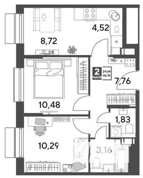2-к квартира, строящийся дом, 47м2, 9/15 этаж