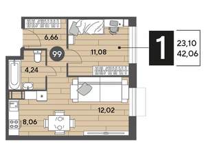 1-к квартира, строящийся дом, 42м2, 3/12 этаж