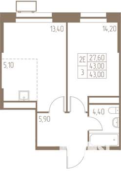 2-к квартира, вторичка, 43м2, 3/25 этаж