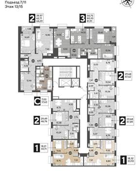 1-к квартира, строящийся дом, 34м2, 13/15 этаж