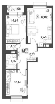 2-к квартира, строящийся дом, 64м2, 6/15 этаж