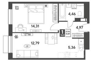 1-к квартира, строящийся дом, 42м2, 3/9 этаж