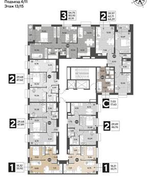 2-к квартира, вторичка, 64м2, 13/15 этаж