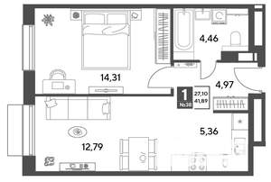 1-к квартира, строящийся дом, 42м2, 6/9 этаж
