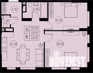 3-к квартира, строящийся дом, 69м2, 4/23 этаж