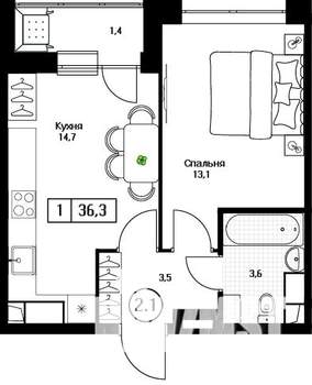 1-к квартира, вторичка, 36м2, 12/17 этаж